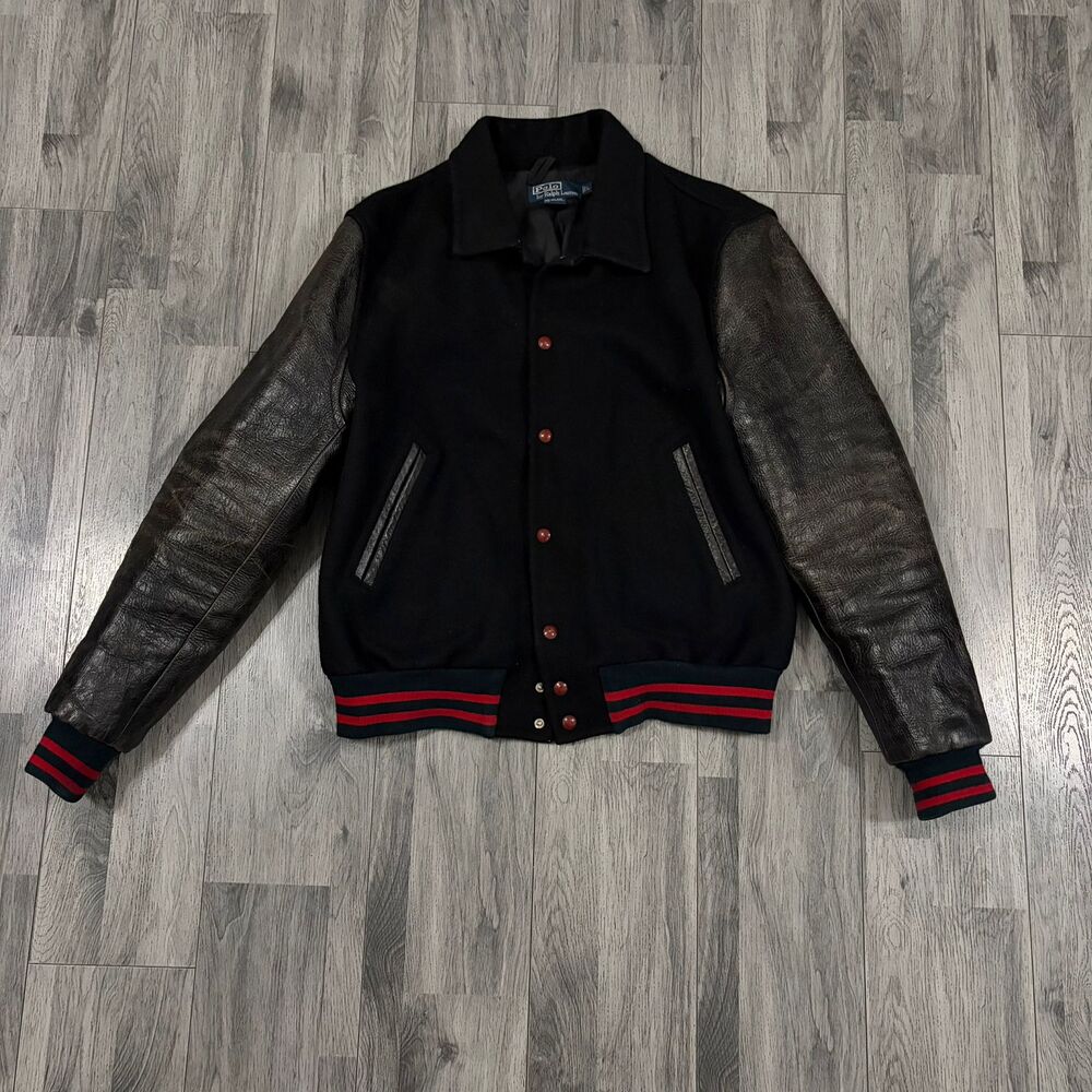 POLO RALPH LAUREN Leather-Sleeve Varsity Jacket - Black with Red Trim